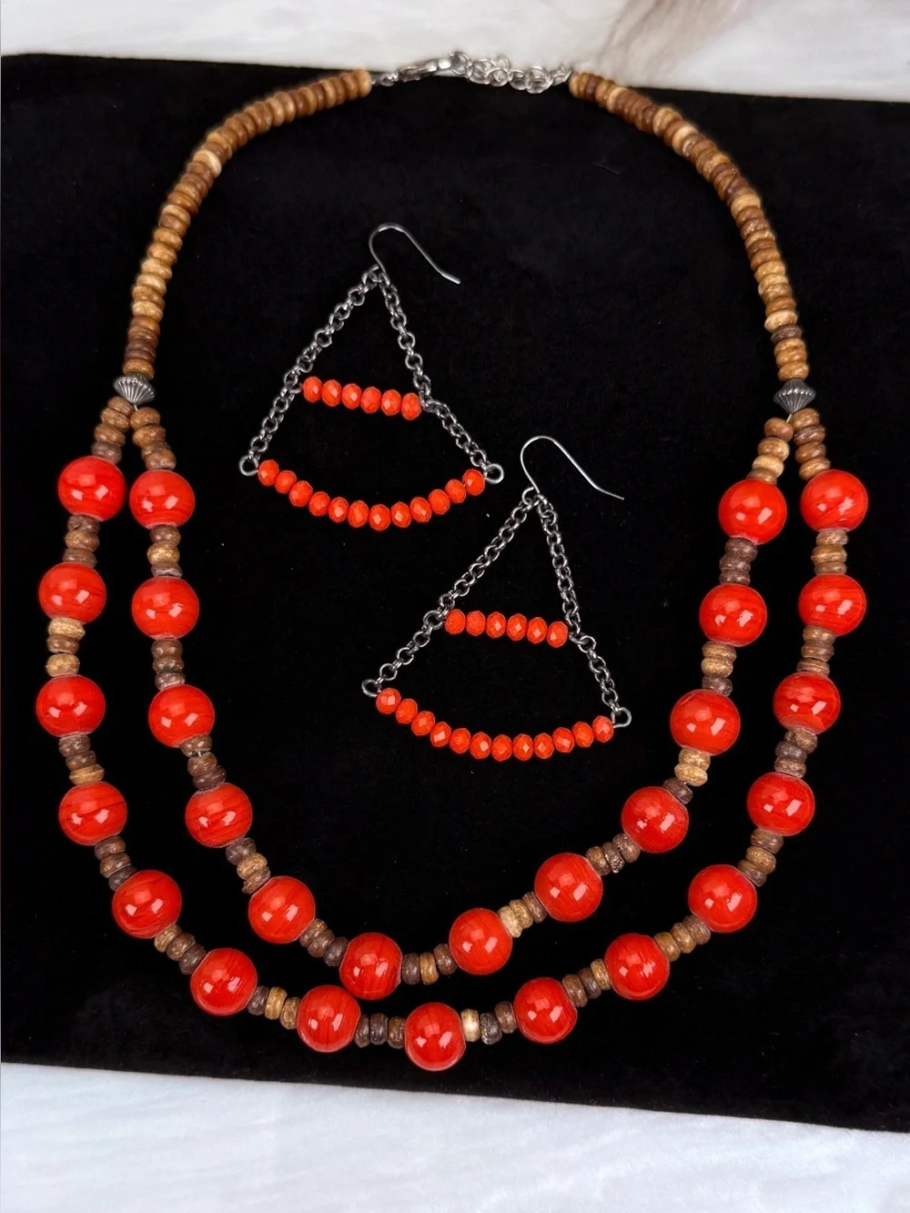 Bohemian chic, orange gunmetal necklace and pierced earring set